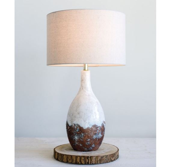 Ceramic Table Lamp w/ Linen Shade, White Reactive Glaze