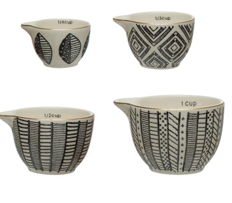 Set of 4 Cup Stoneware Measuring Cups with Black Pattern & Gold Electroplating