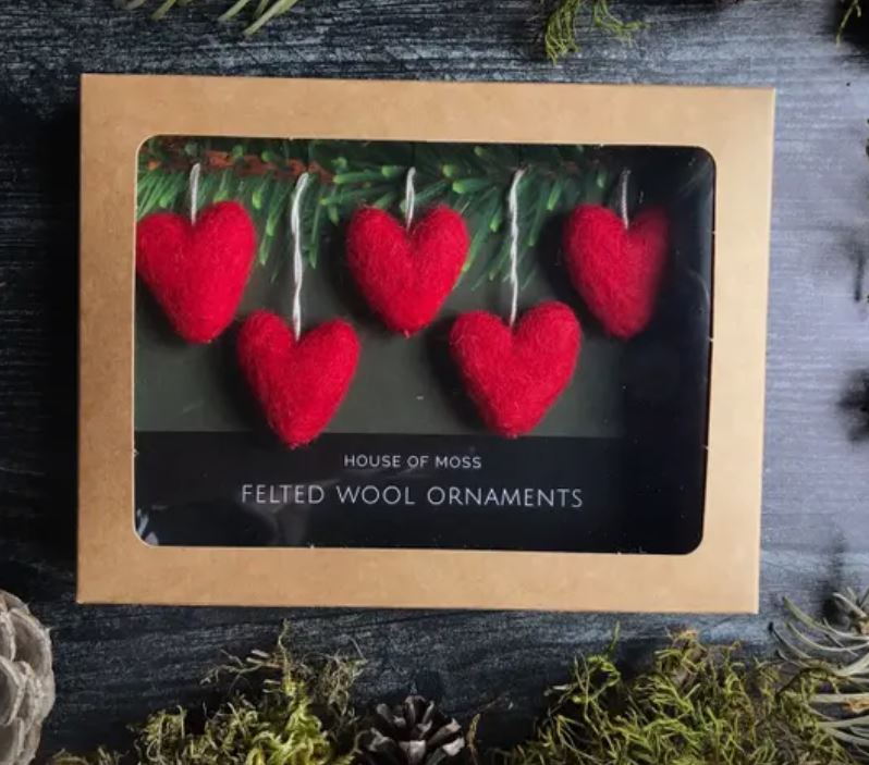 Set of 5 Felted Wool Mini Heart Ornament - 5 Colors