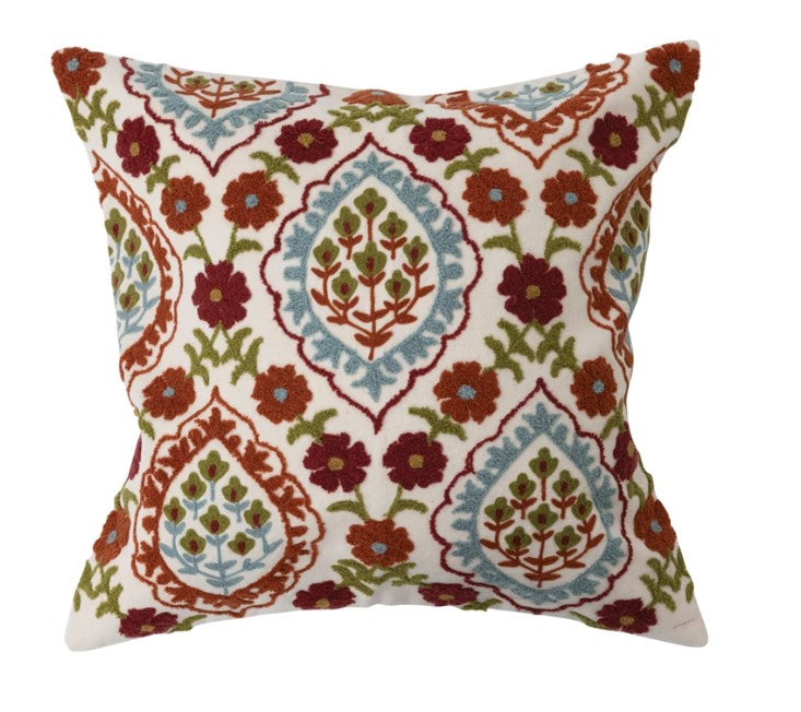 18" Cotton Embroidered Pillow with Pattern
