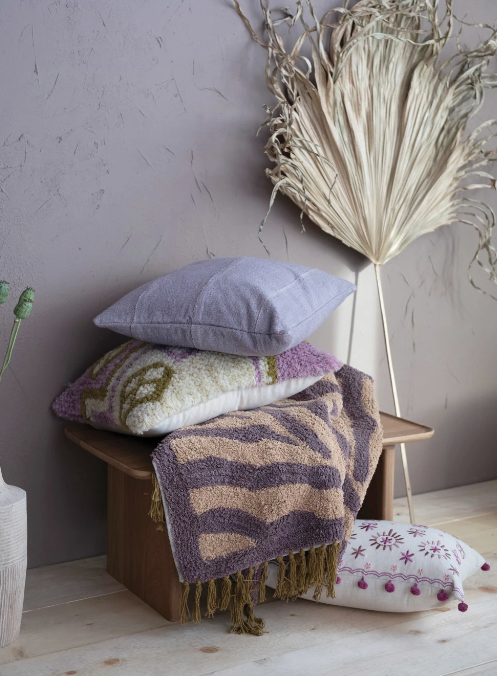 Cotton Linen Lumbar Pillow with Embroidery Pom Poms ShopTansy