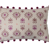 Cotton Linen Lumbar Pillow with Embroidery & Pom Poms