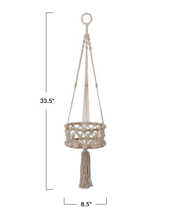 Hand-Woven Cotton Macrame & Rattan Plant Hanger with Wood Beads