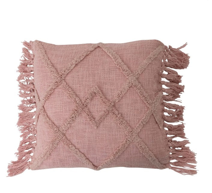20" Cotton Blend Pillow with Tufted Pattern & Fringe