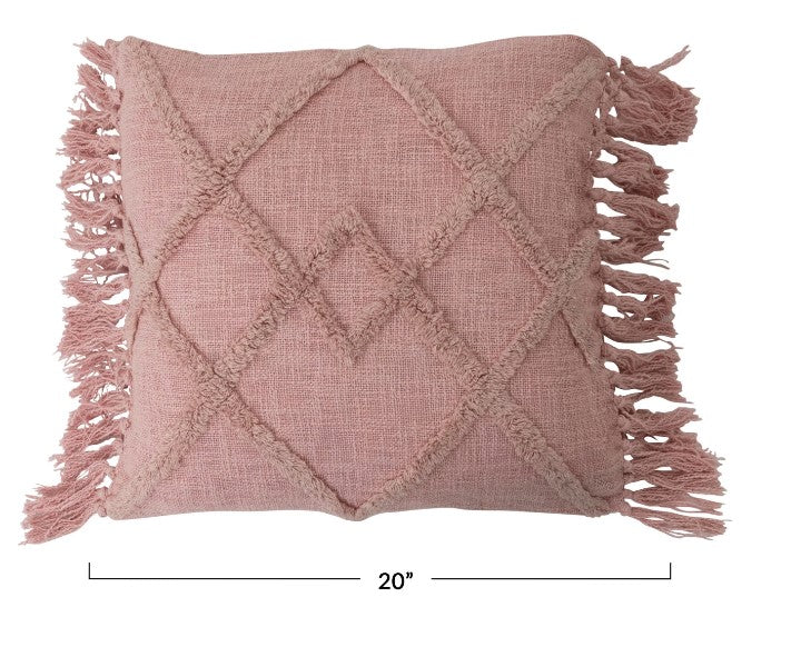 20" Cotton Blend Pillow with Tufted Pattern & Fringe
