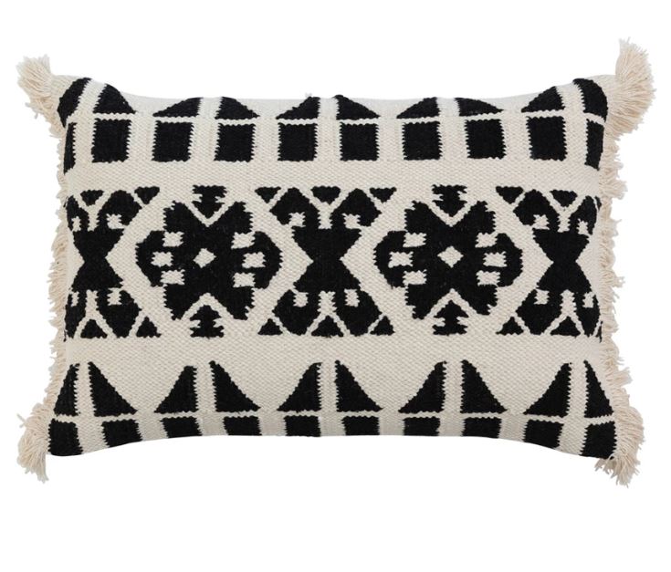 24" x 16" H&-Woven Cotton Kilim Lumbar Pillow with Pattern & Fringe, Polyester Fill