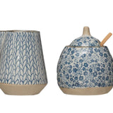Hand-Painted Stoneware Sugar Pot with Lid & Wood Spoon or 8 oz. Creamer, Blue & White