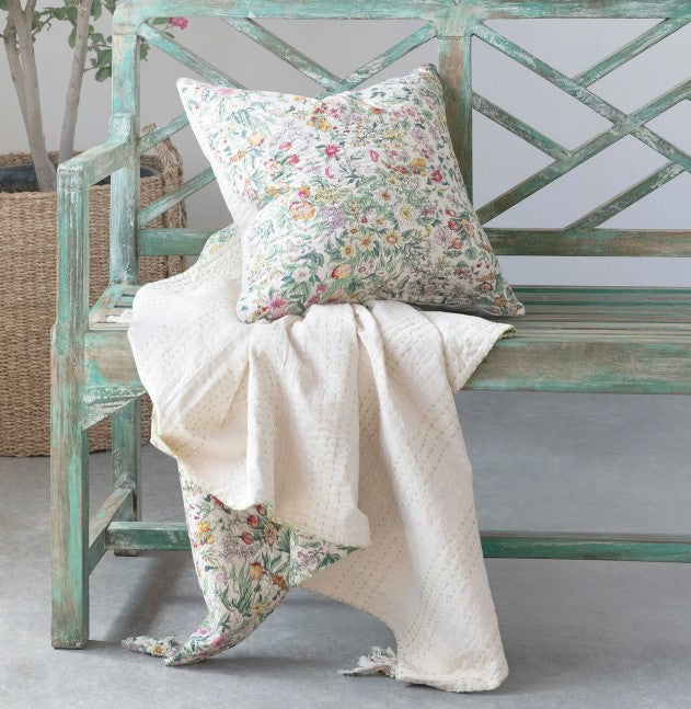 18" Cotton Printed Pillow w/ Kantha Stitch & Floral Pattern