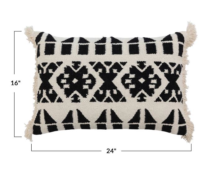 24" x 16" H&-Woven Cotton Kilim Lumbar Pillow with Pattern & Fringe, Polyester Fill