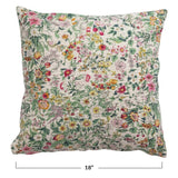 18" Cotton Printed Pillow w/ Kantha Stitch & Floral Pattern