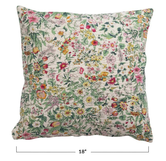 18" Cotton Printed Pillow w/ Kantha Stitch & Floral Pattern