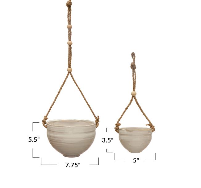 Hanging Stoneware Planter w/ Jute Rope Hanger & Wood Beads - 2 Sizes