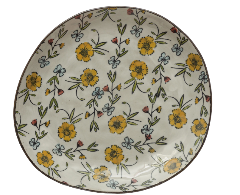 Hand-Painted Stoneware Plate with Floral Pattern - 2 Sizes/2 Designs