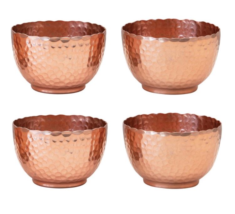 Hammered Metal Bowls with Jute Tie Packaging, Copper Finish, Set of 4