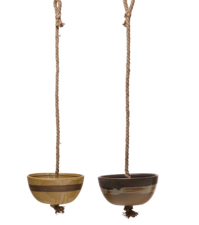 Stoneware Bowls with Jute Hanger - 2 Colors
