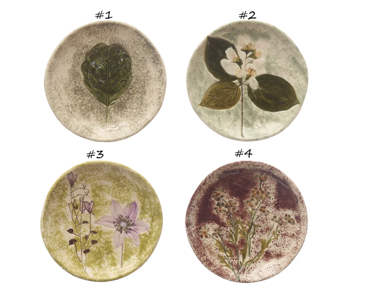 Hand-Painted Stoneware Plate with Debossed Florals - 4 Styles