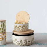 Stoneware Canister with Bamboo Lid and Debossed Floral Pattern - 2 Sizes
