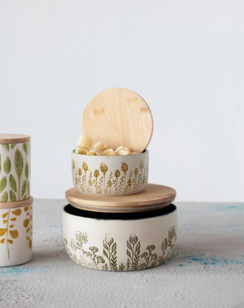 Stoneware Canister with Bamboo Lid and Debossed Floral Pattern - 2 Sizes