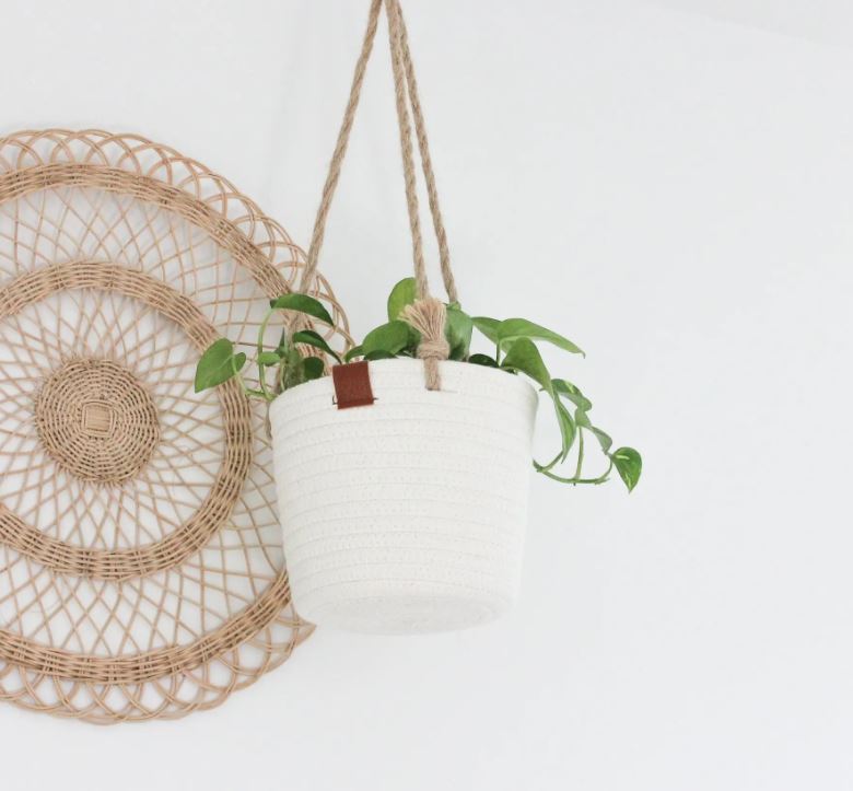 Boho Cotton Rope Hanging Planter Basket with Leather Accent - 2 Sizes