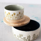 Stoneware Canister with Bamboo Lid and Debossed Floral Pattern - 2 Sizes