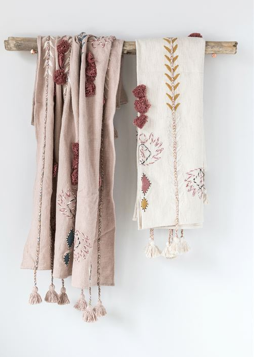 Cotton Embroidered Throw with Tassels & Applique - 2 Colors