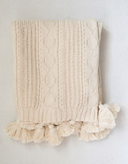 Natural 60"L x 50"W Cotton Knit Cable Throw with Tassels
