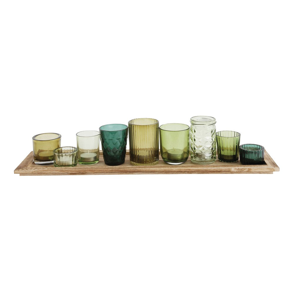 Wood Tray w/ 9 Glass Votive Holders, Green, Boxed Set of 10