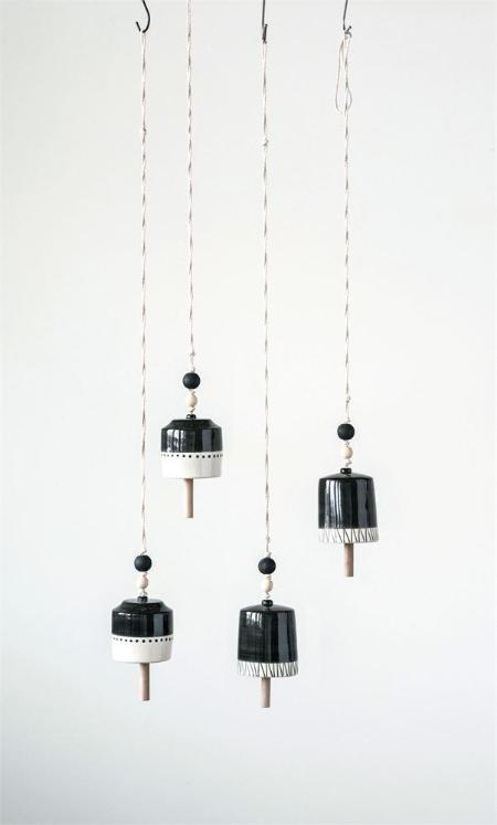 Black & White Hand-Painted Stoneware Bell on Rope Hanger