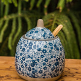 Hand-Painted Stoneware Sugar Pot with Lid & Wood Spoon or 8 oz. Creamer, Blue & White