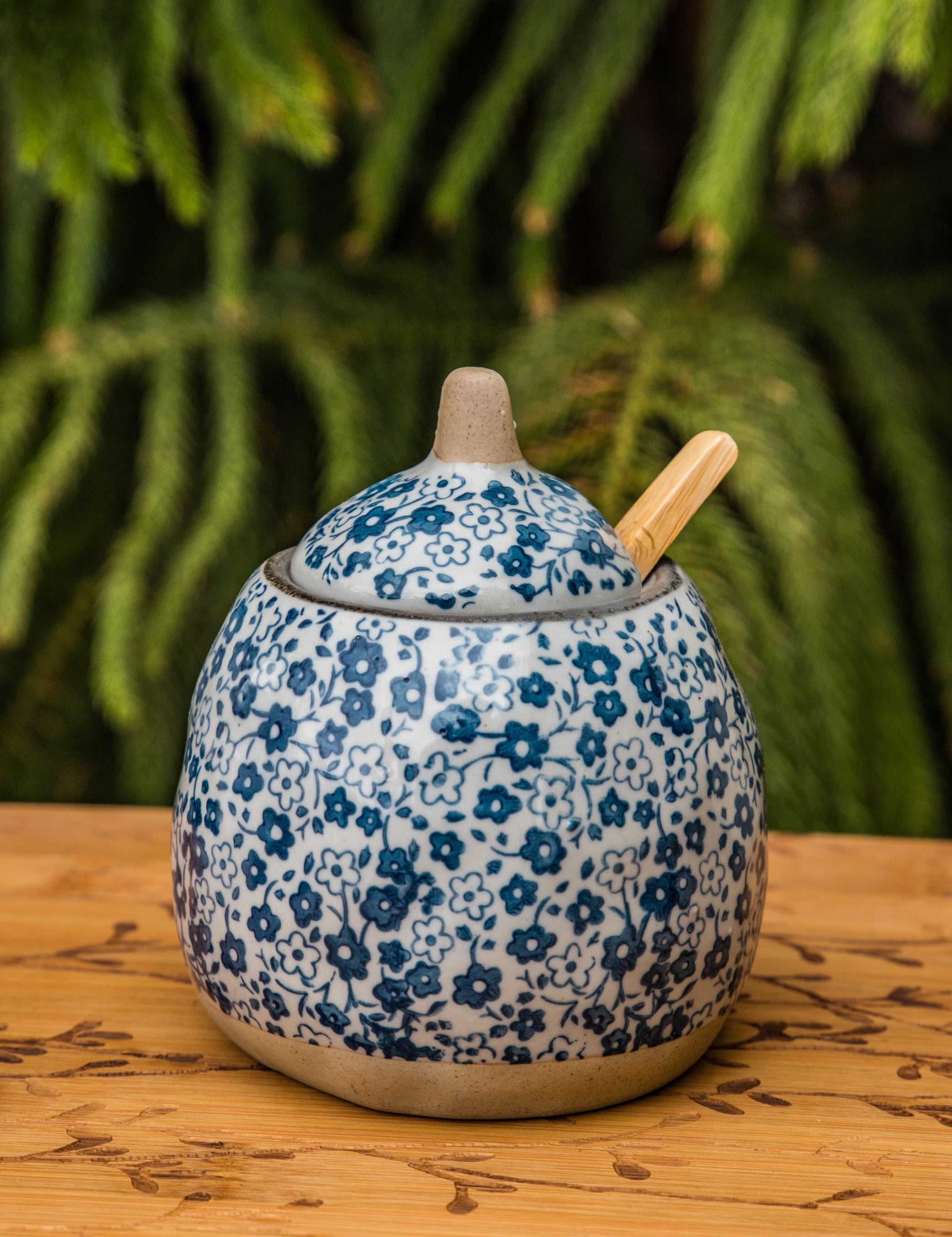 Hand-Painted Stoneware Sugar Pot with Lid & Wood Spoon or 8 oz. Creamer, Blue & White