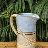 Stoneware Pitcher with Rattan Wrapped Handle, Reactive Glaze