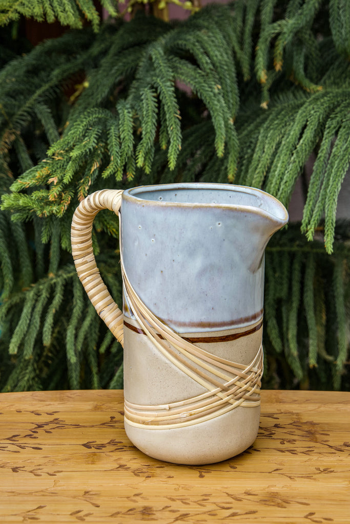 Stoneware Pitcher with Rattan Wrapped Handle, Reactive Glaze