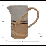 Stoneware Pitcher with Rattan Wrapped Handle, Reactive Glaze