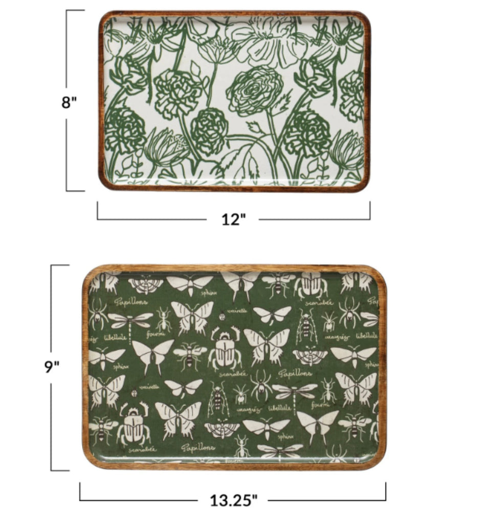 Enameled Acacia Wood Trays, Garden Print - 2 Styles