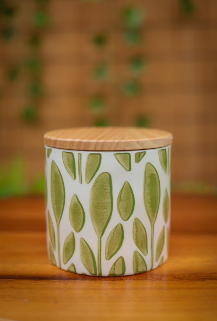 Hand-Stamped Stoneware Jar with Bamboo Lid and Floral Print - 2 Colors